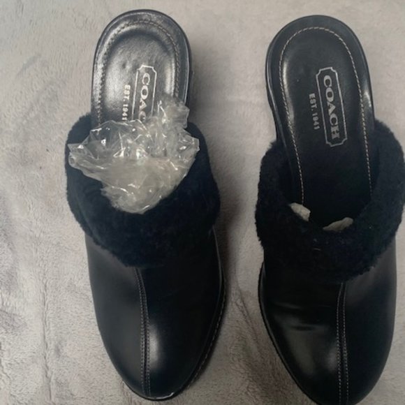 Coach Black Genuine Leather & Shearling Mule/Shoe - Picture 1 of 5
